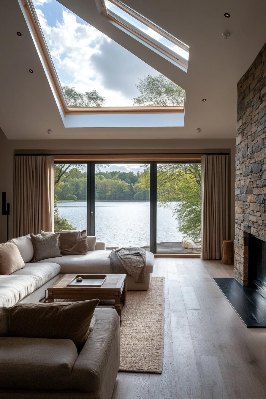 modern English cottage interior with pitched roof skylights large bay windows overlooking a lake