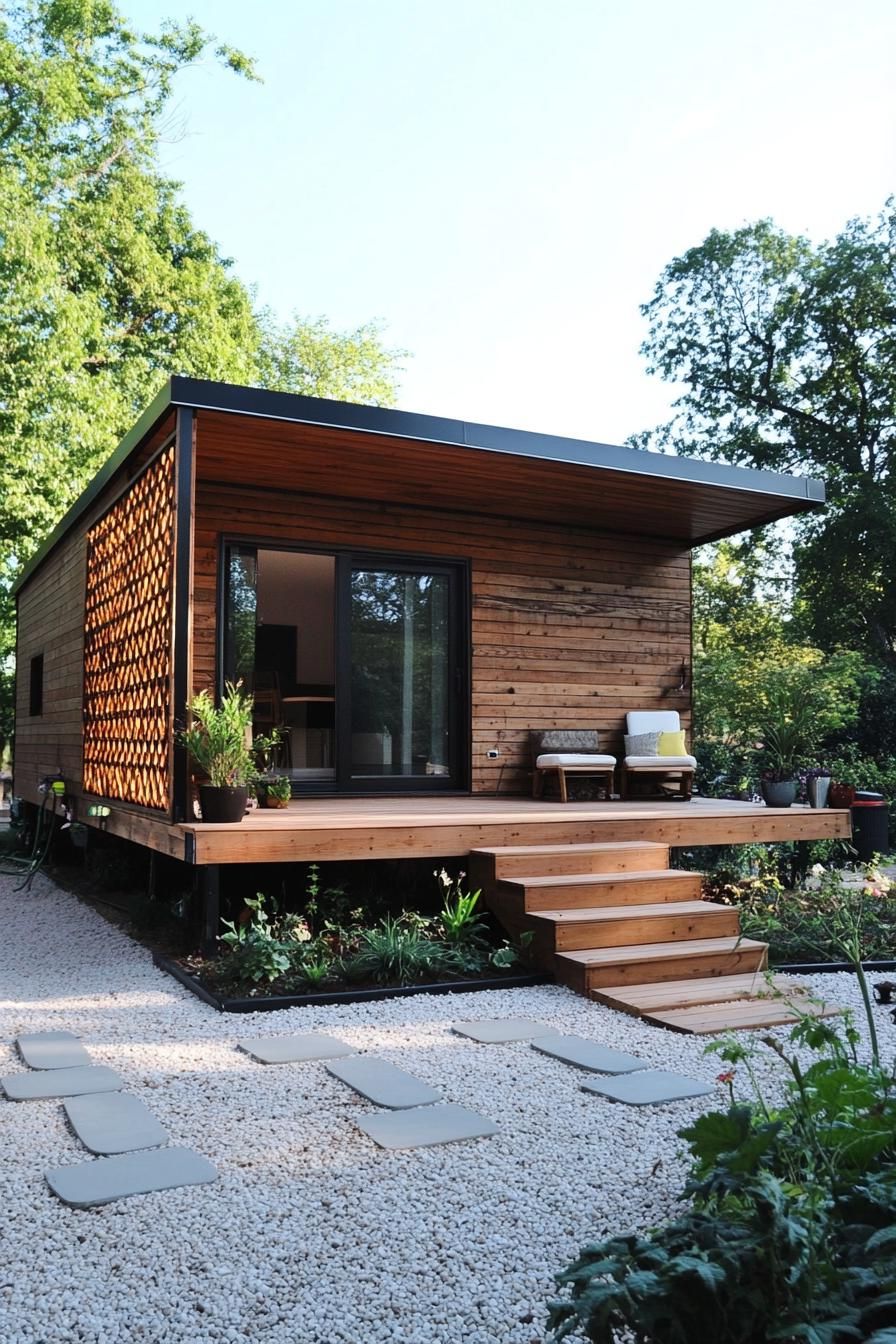 modern prefab small house facade with rustic wood cladding sloped roof extending over a raised deck with steps deck has a lattice on one side up to 2