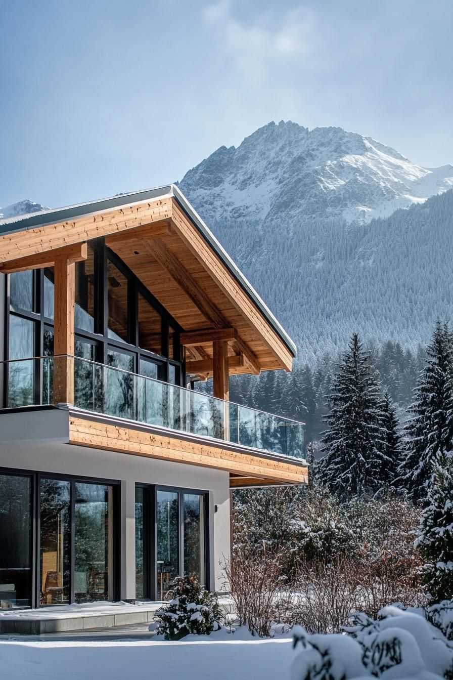 modern alpine style timber frame house facade with stucco and glass stunning snowy mountain in the background
