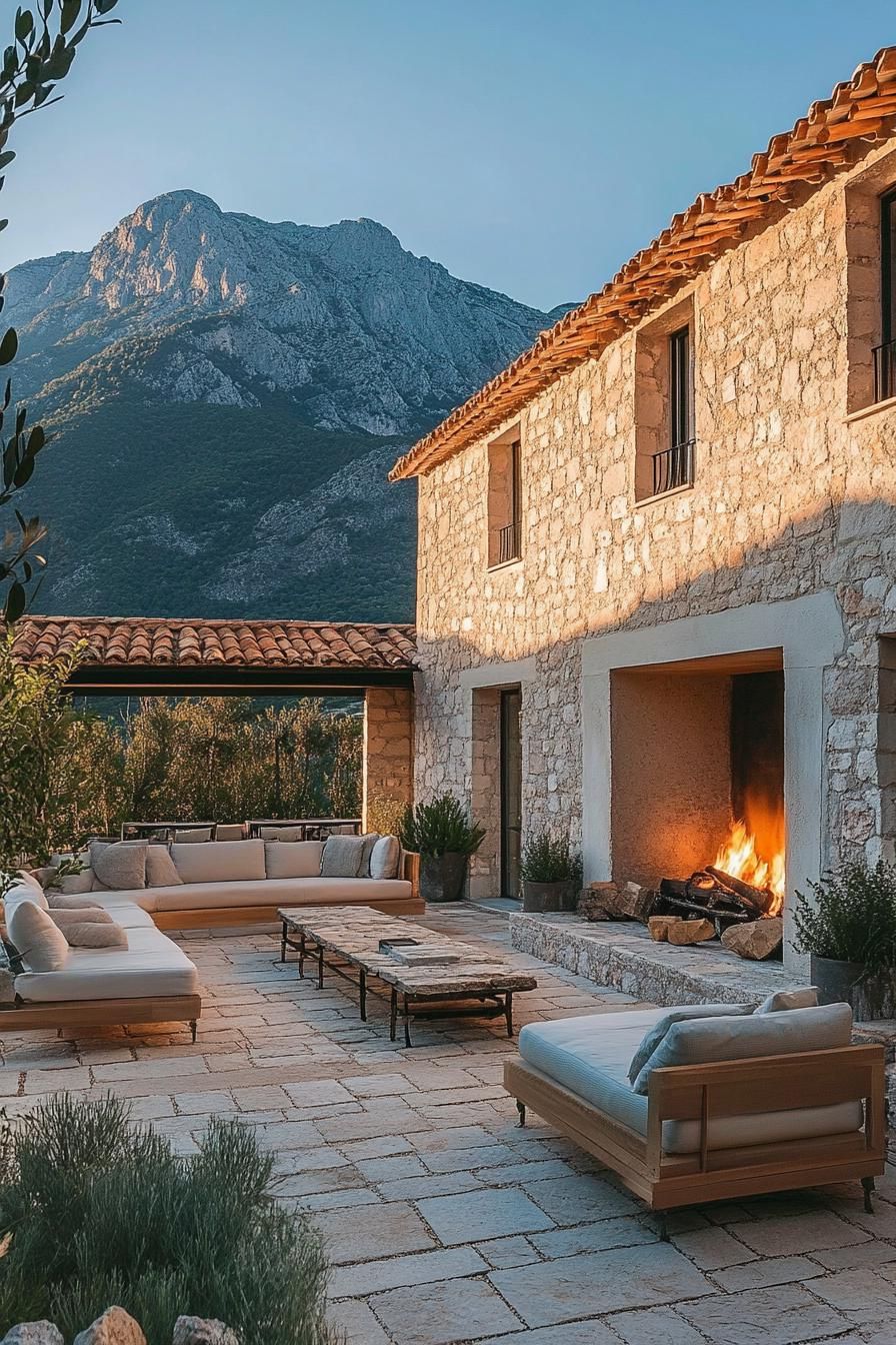 modern Italian mediterranean house courtyard with stone fireplace and lounge area stunning mountains visible 2