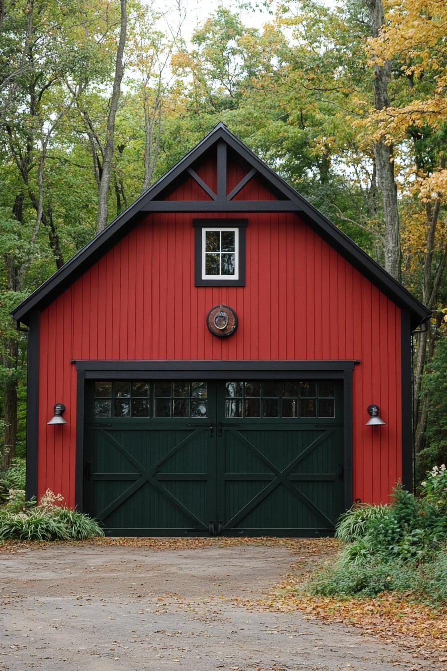 modern barn style red house facade with black barn doors in a green farmhouse 2