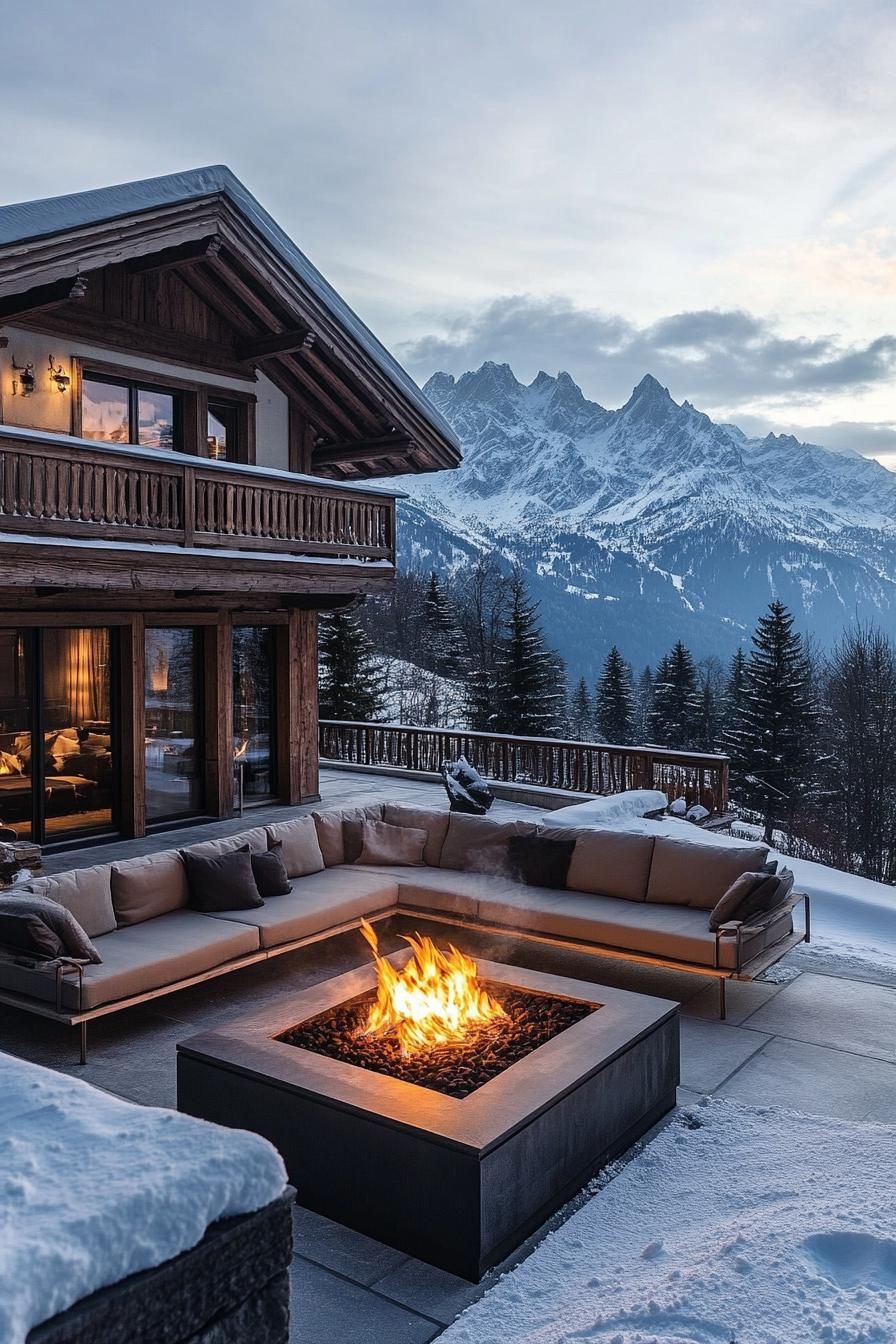 luxury alpine chalet villa with firepit lounge area outdoors stunning snowy mountain view 2
