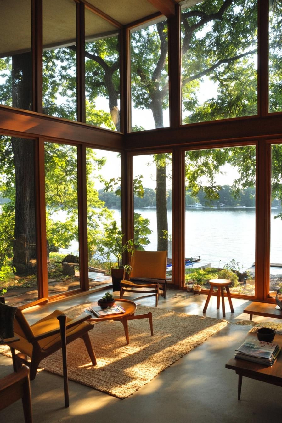 mid century modern house interior with teak furniture and large windows overlooking a stunning lakeside