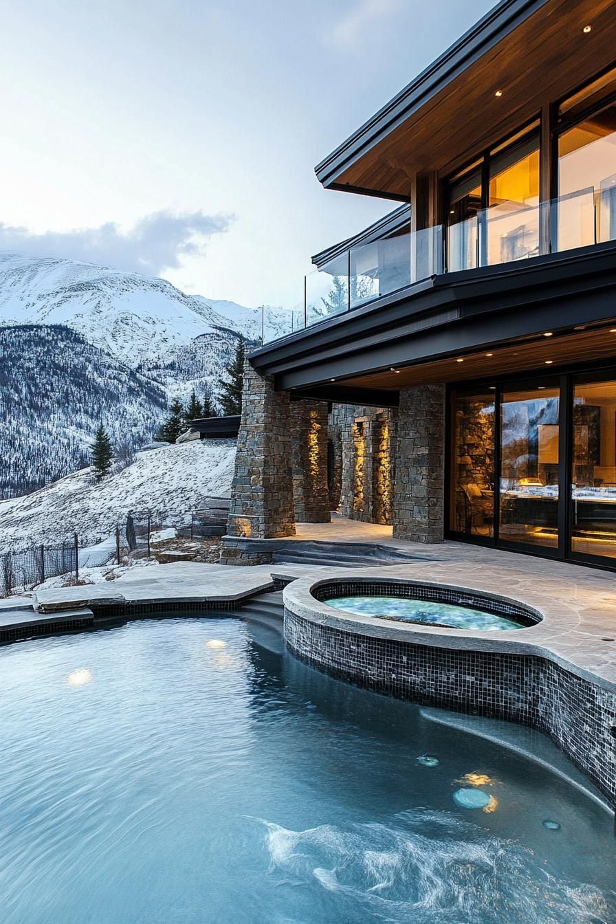 modern house multi level pool with integrated hot tub mountain with snow top in the background 3