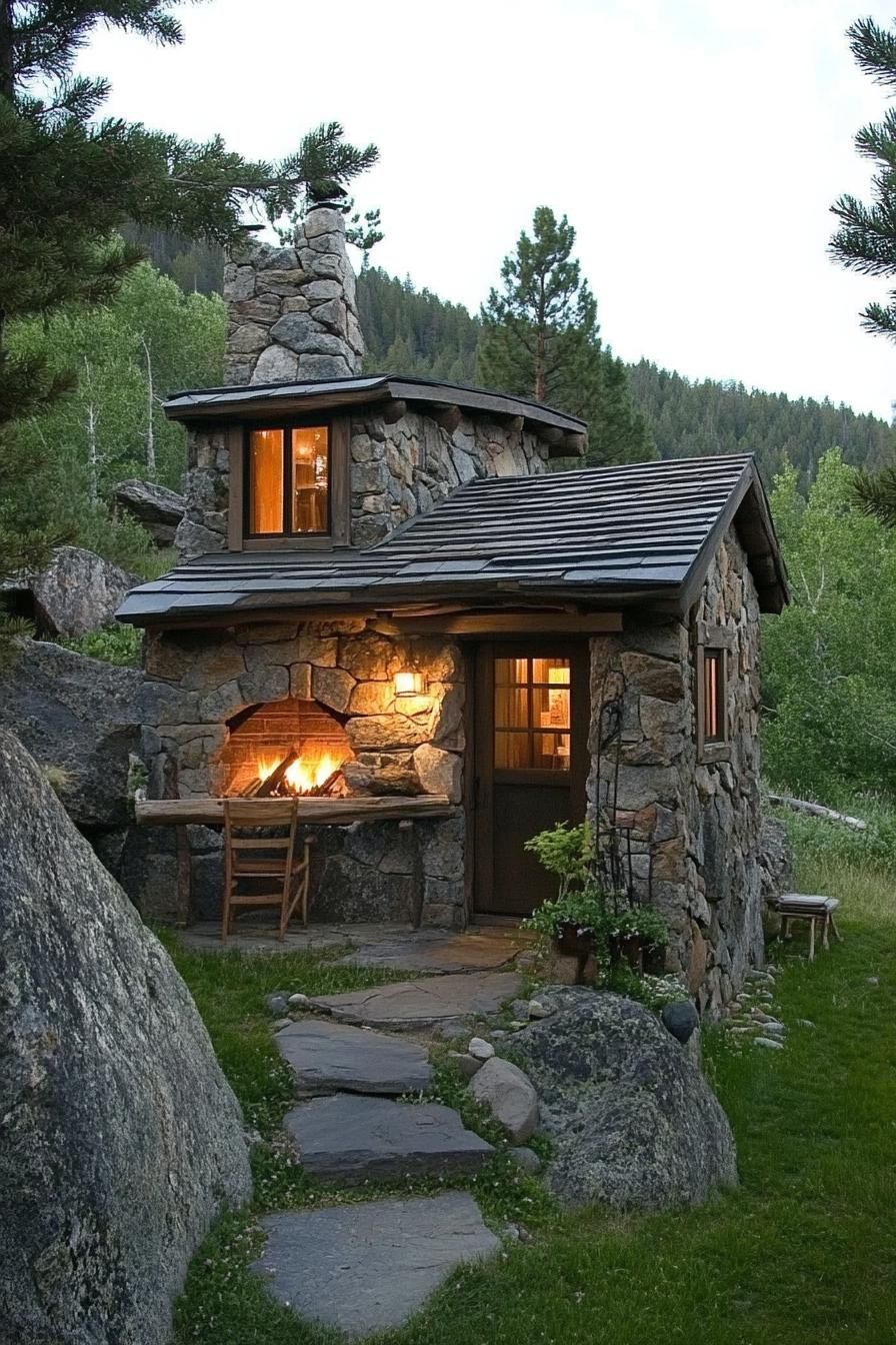 Tiny Mountain Home With a Compact Cozy Stone Fireplace 2
