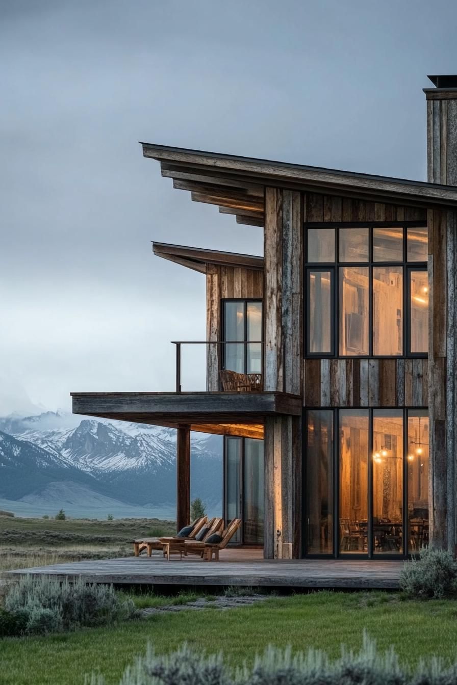 modern timber frame house reclaimed wood facade with expansive windows impressive range of mountains in the distance