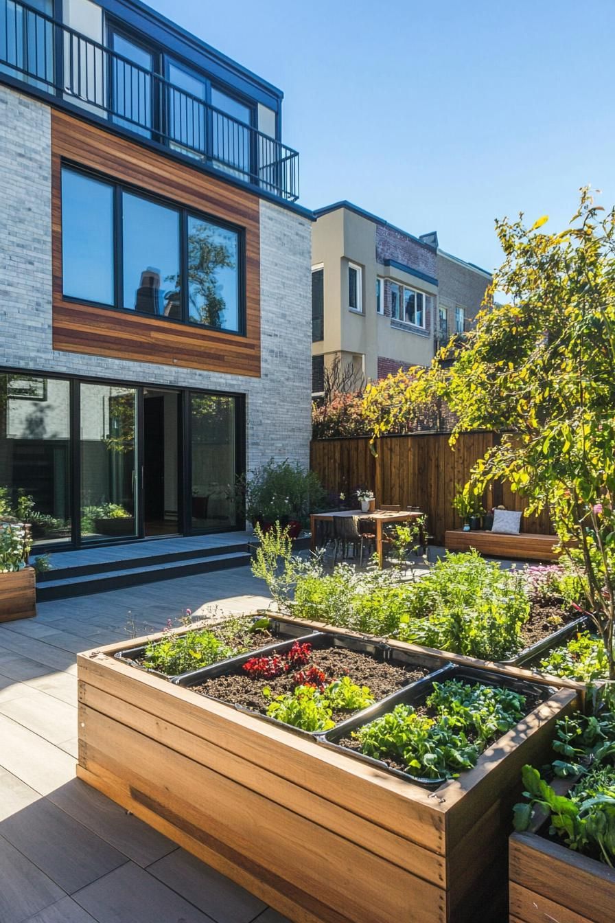 modern townhouse backyard with edible garden beds