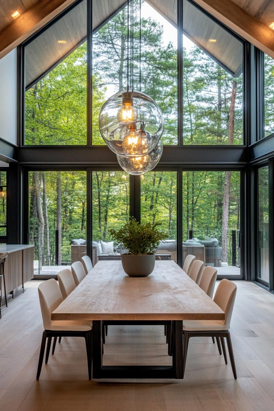 A spacious dining area featuring a long rustic wooden table surrounded by modern cushioned chairs in a neutral white tone. Overhead three 2