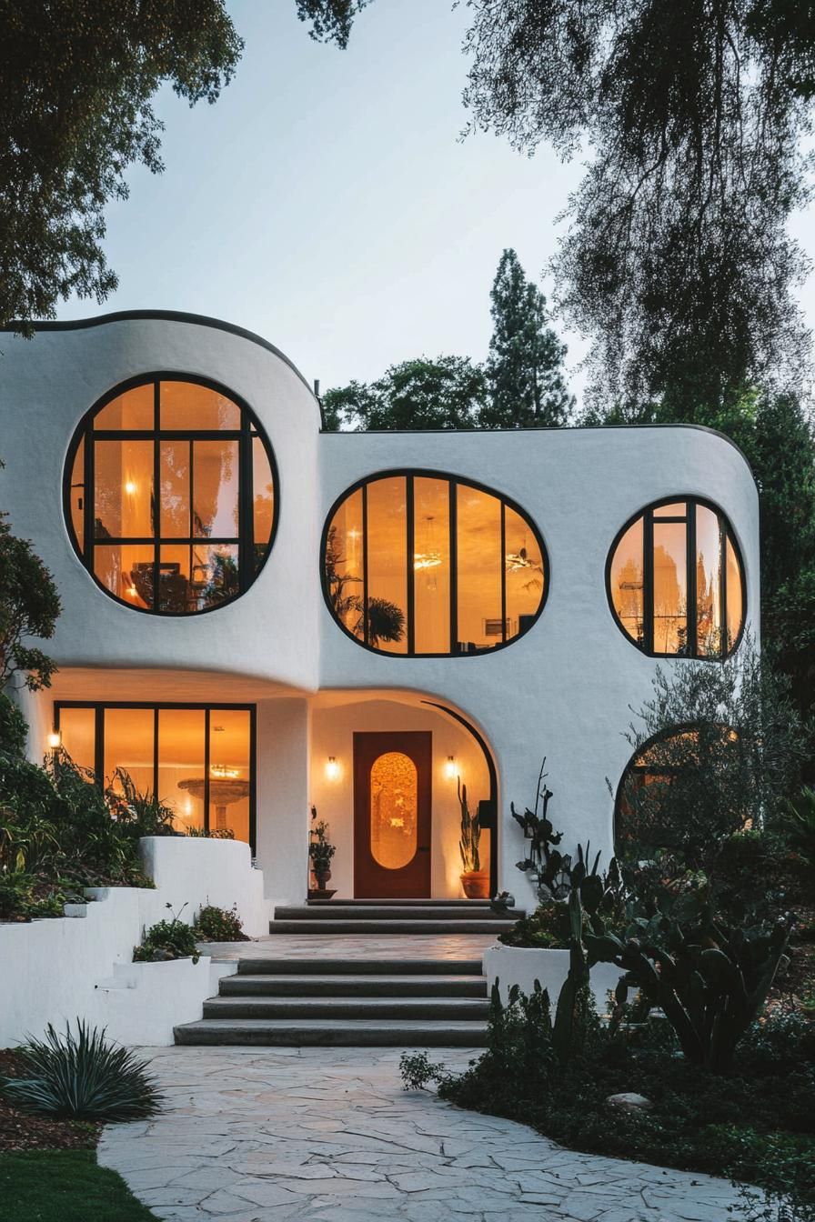 retro style modern house facade with rounded windows and doors 2