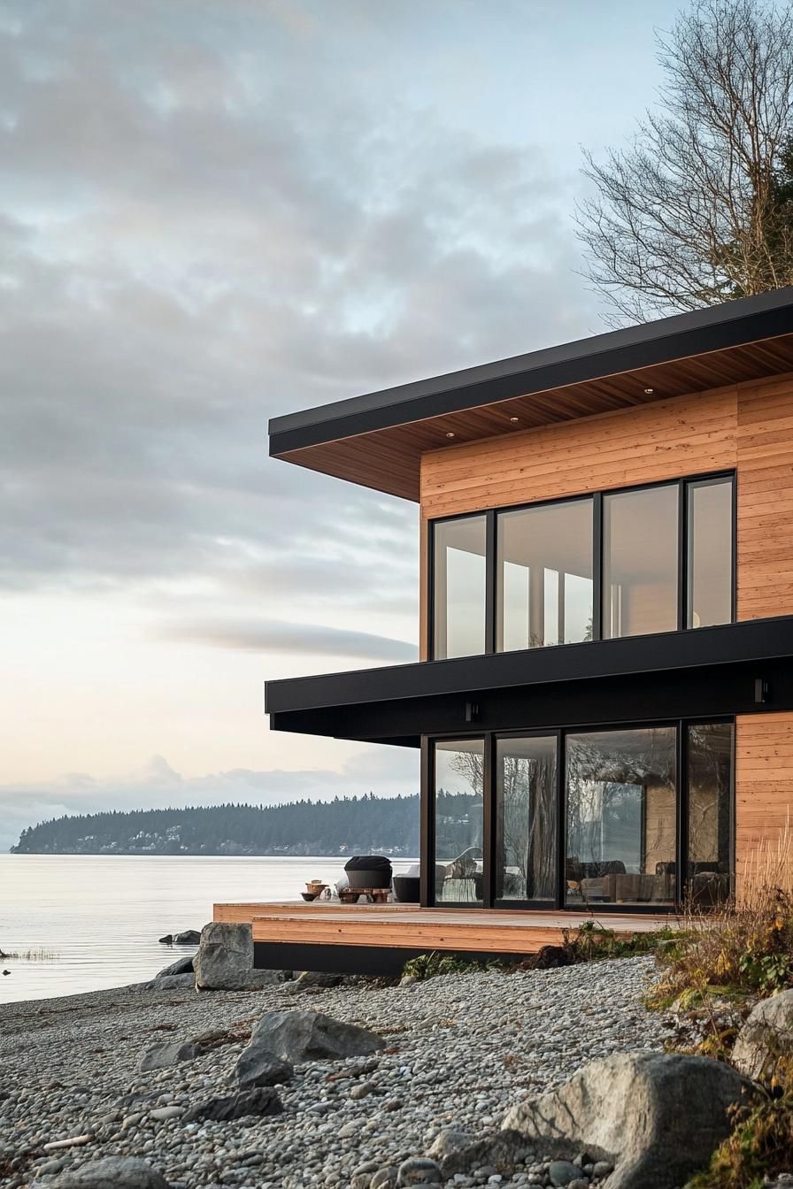 modern prefab small house facade with natural wood siding black trim and black flat roof on beachfront full house view 3
