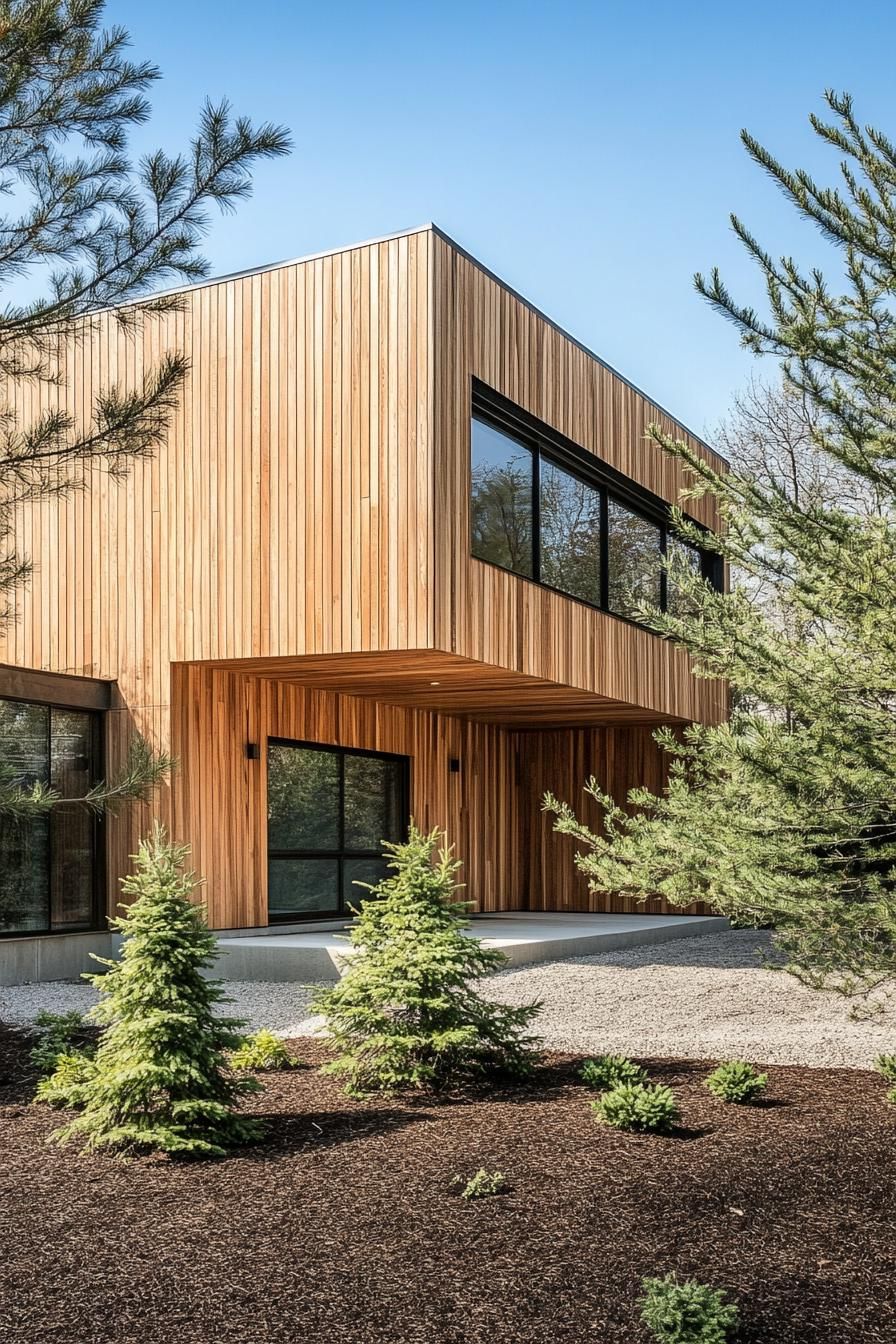 modern wood house facade with wood shinges and large concrete foundation pine trees in mulched front yard 3