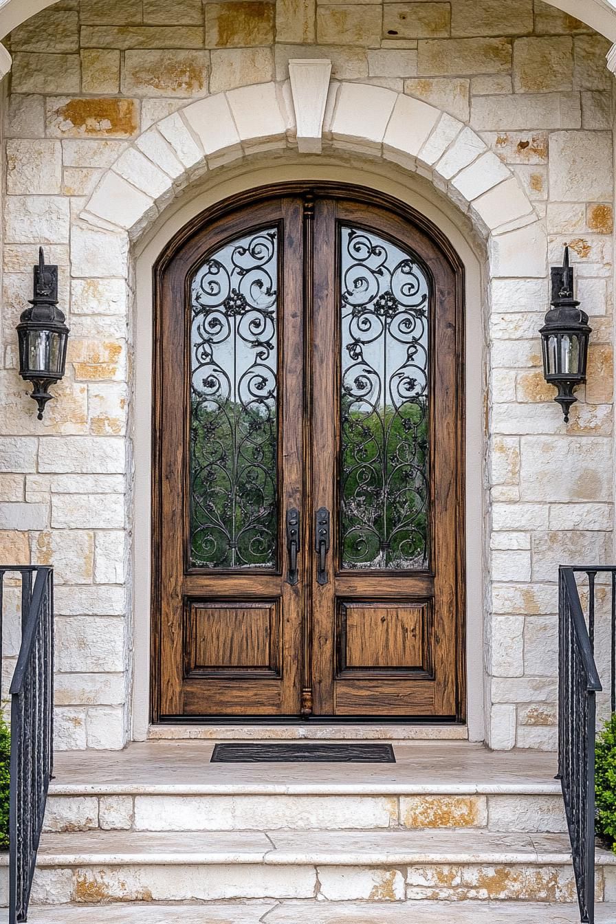 modern mediterranean revival architecture home carved wood front door with wrought iron detail 2
