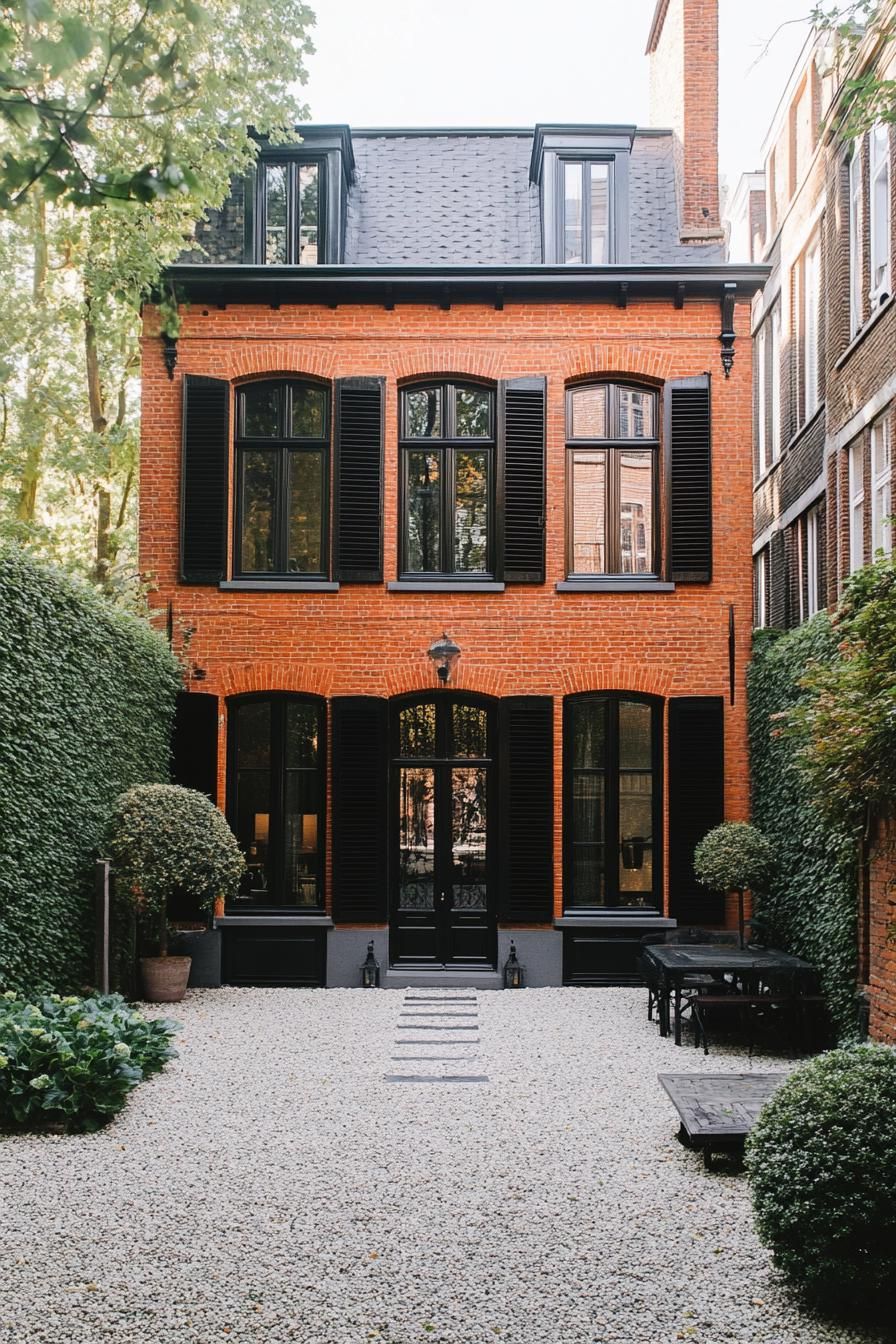 red brick house facade with black decorative shutters gravel courtyard