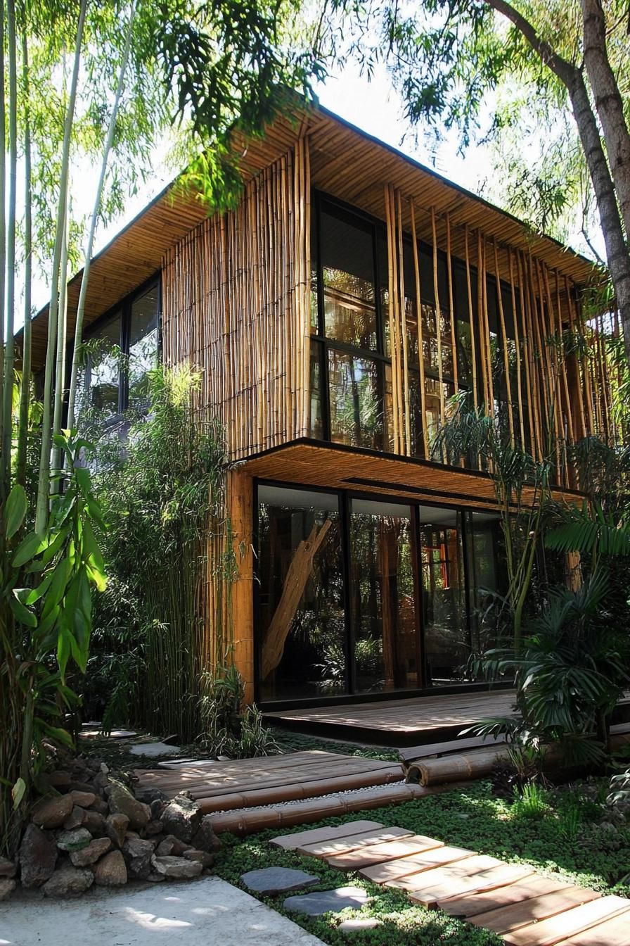 modern forest house bamboo facade in tropical forest 2
