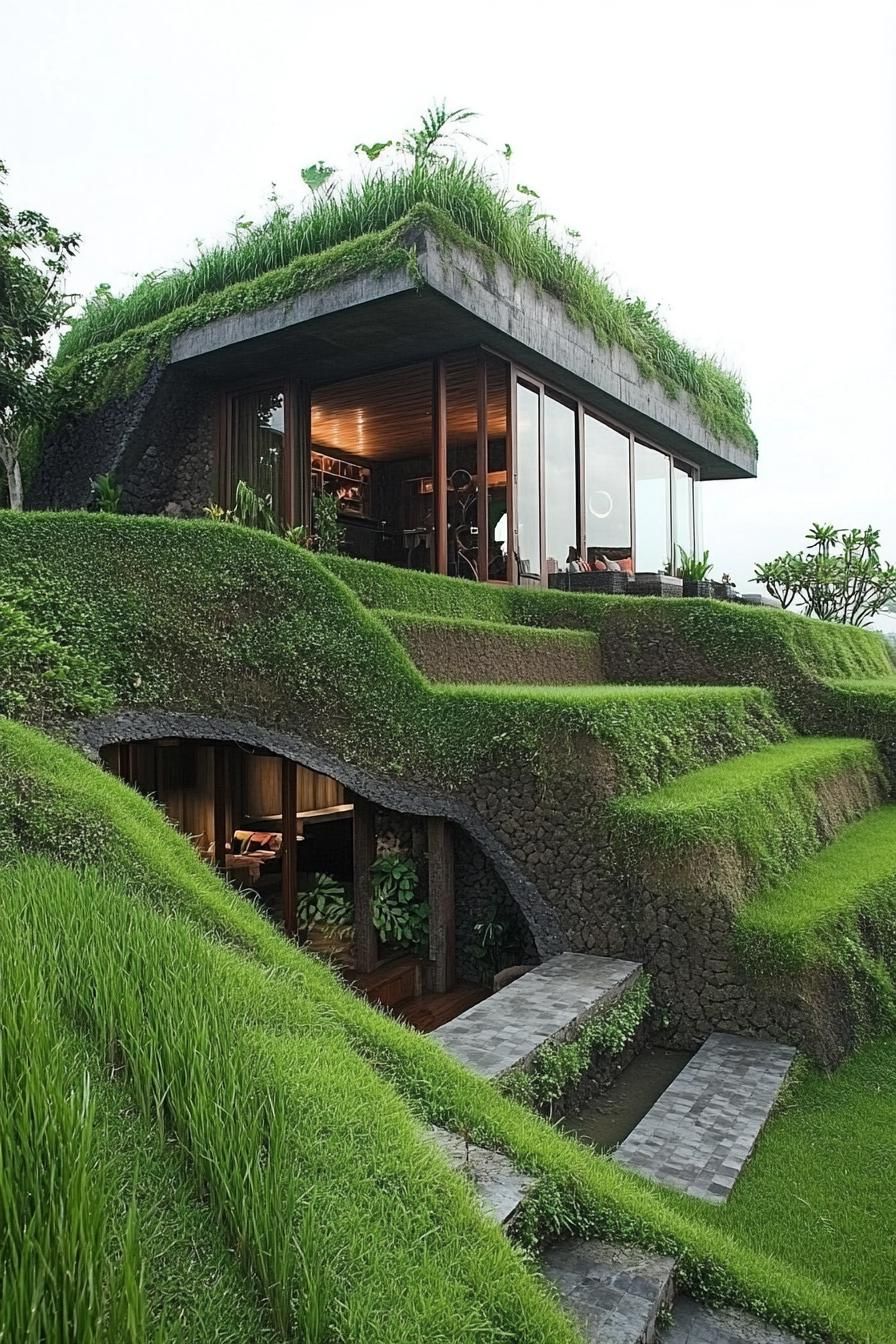 earth sheltered modern house facade built into rice terraces in Bali 2