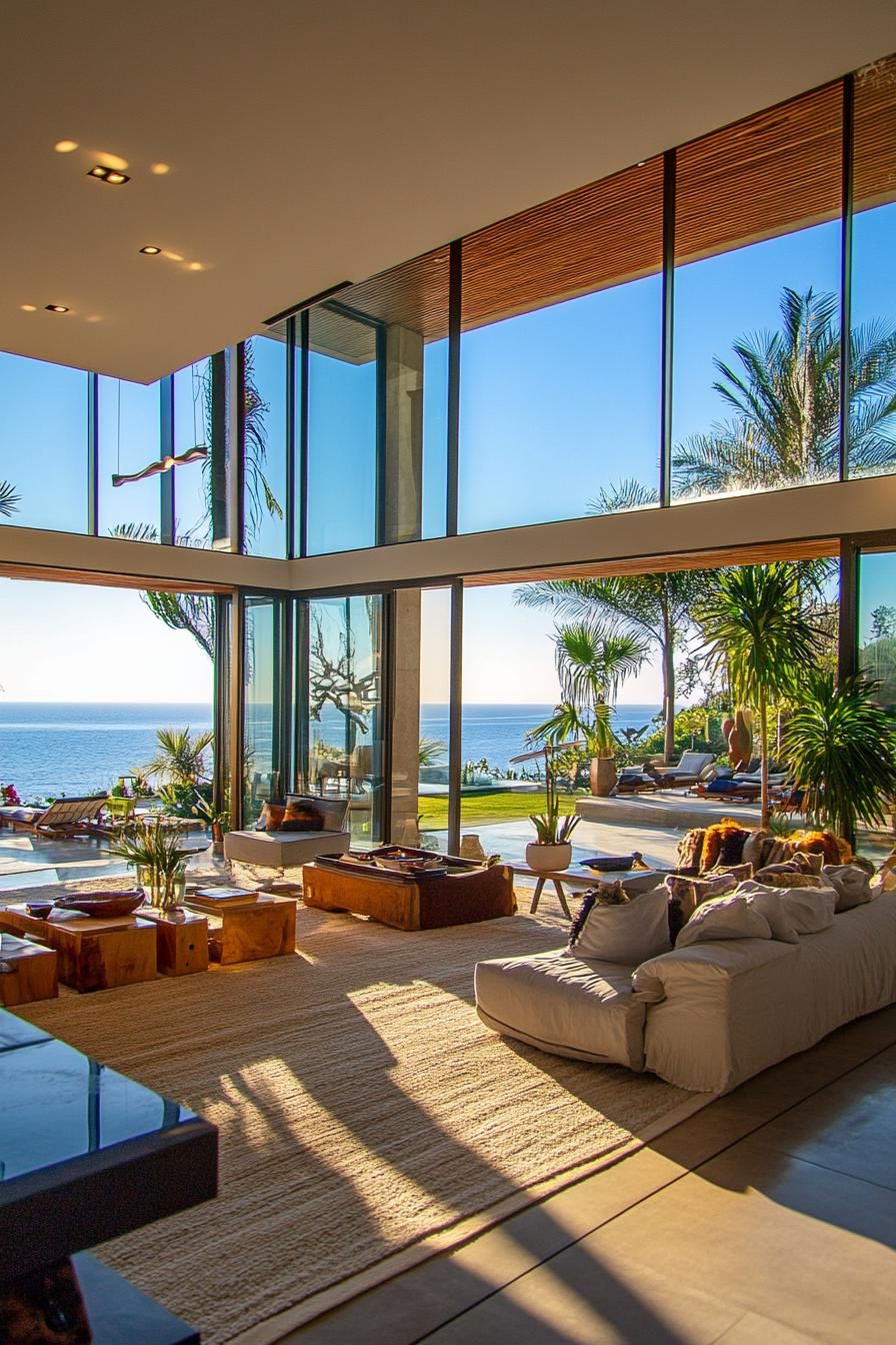 modern villa interior open plan with panoramic windows and tropical ocean views 3