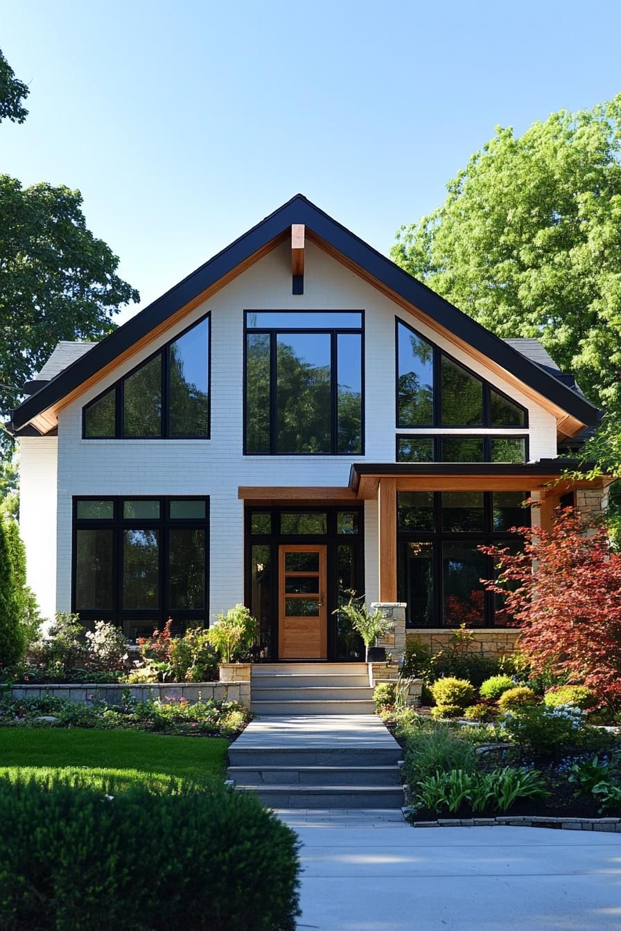 80s house symmetrical facade modern makover extrior walls pated in pastel paint traditional front yard
