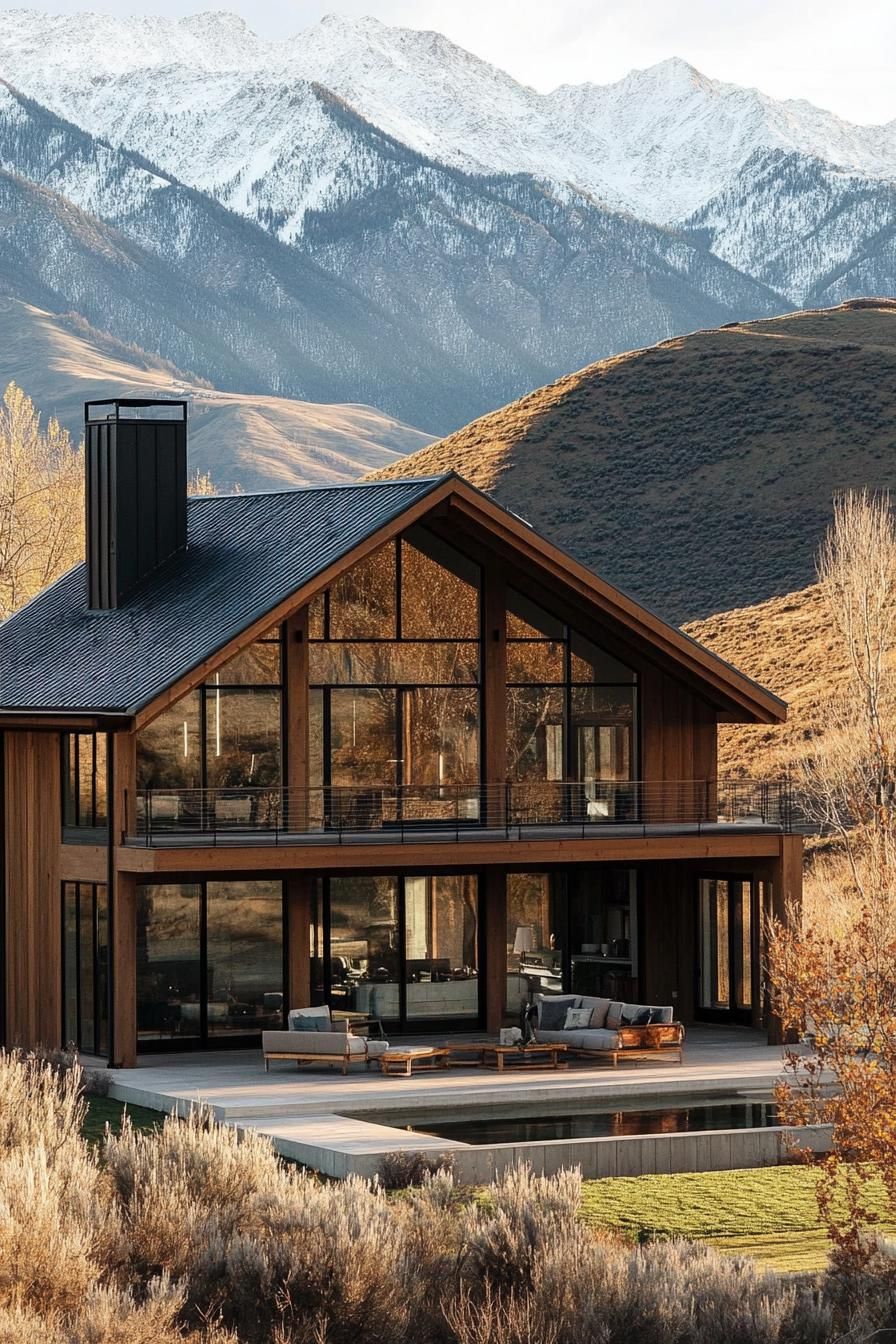 modern barn style house with lofted living space large windows overlooking stunning mountains 2