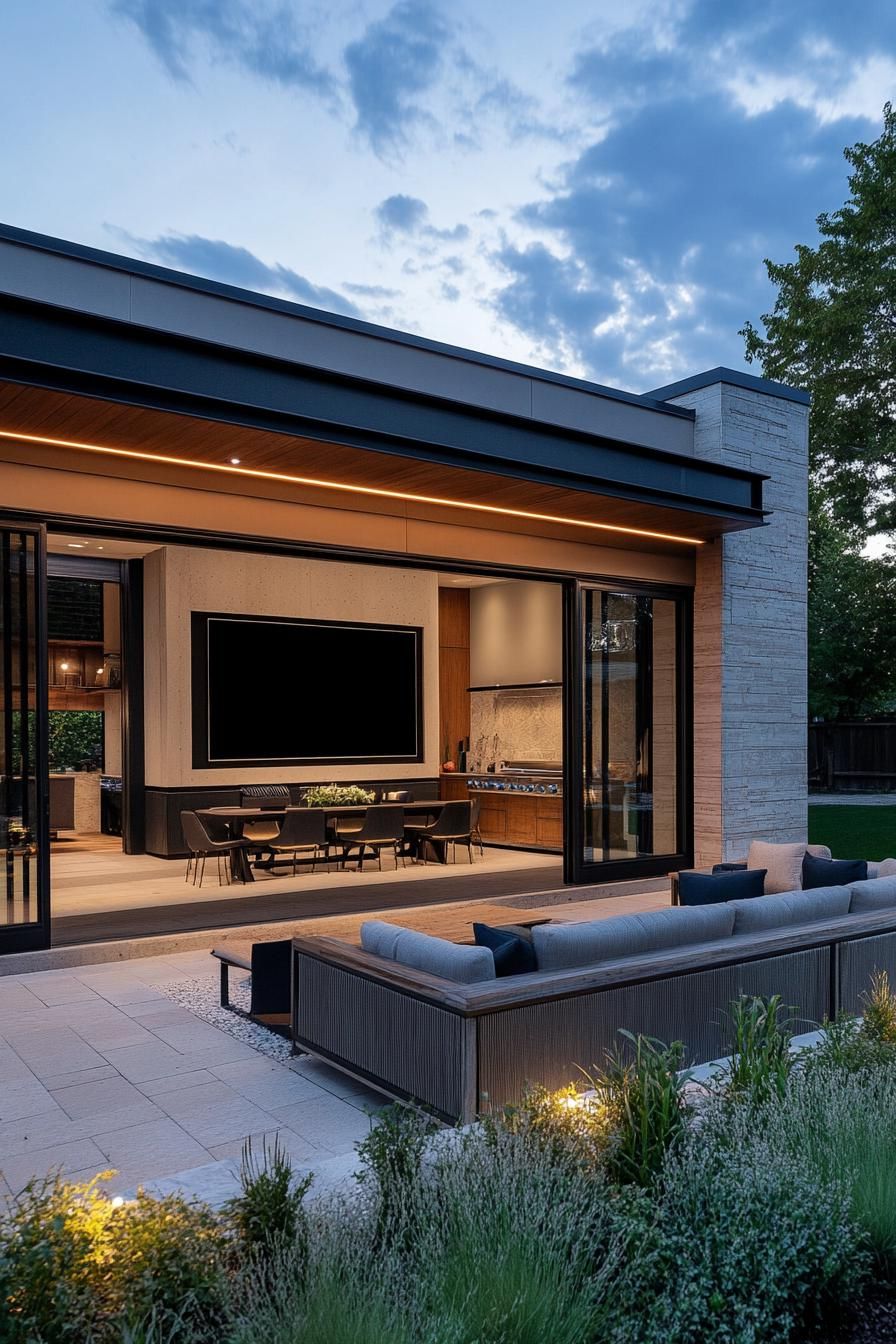 modern house yard seating area with large TV 3