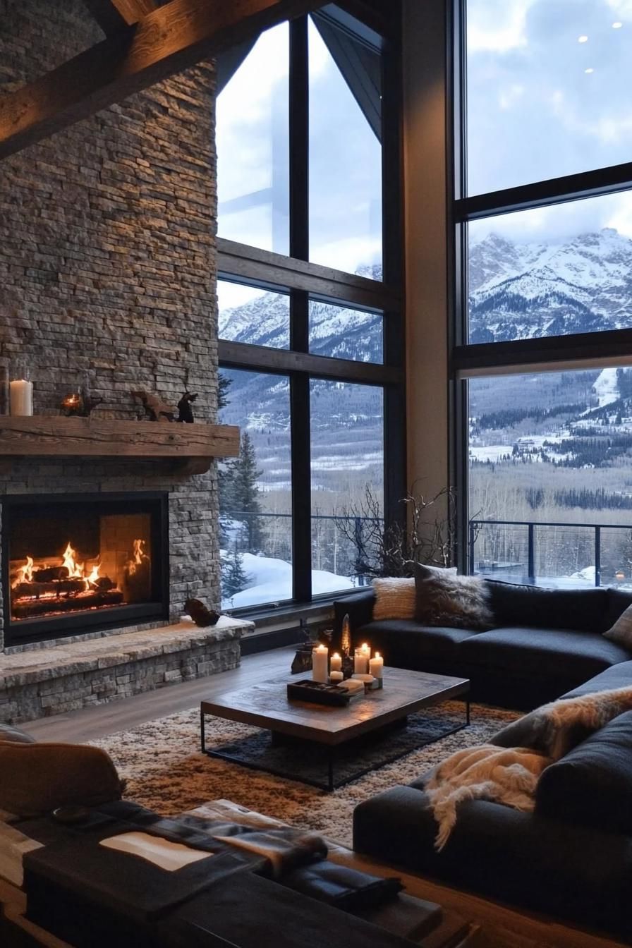 modern rustic mountain cabit floor to ceiling stone fireplace with large full wall windows with stunning snowy alpine mountain view 3