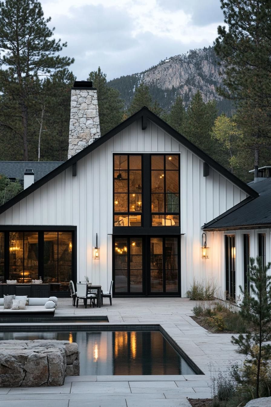 farmhouse style mountain house with white board and batten siding black trimmed glass windows and large doors stone chimney courtyard with small 2
