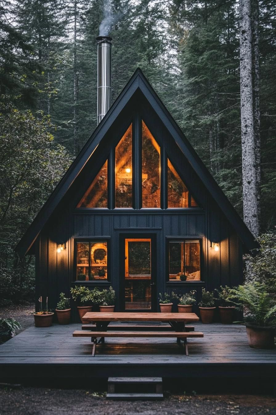 front view of a modern a frame cabin in charcoal black siding full wall glass windows natural wood door with glass panels tall chromed chimney in 2