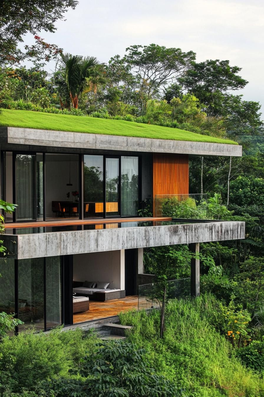 modern house on a slope with green roof and lush forest views