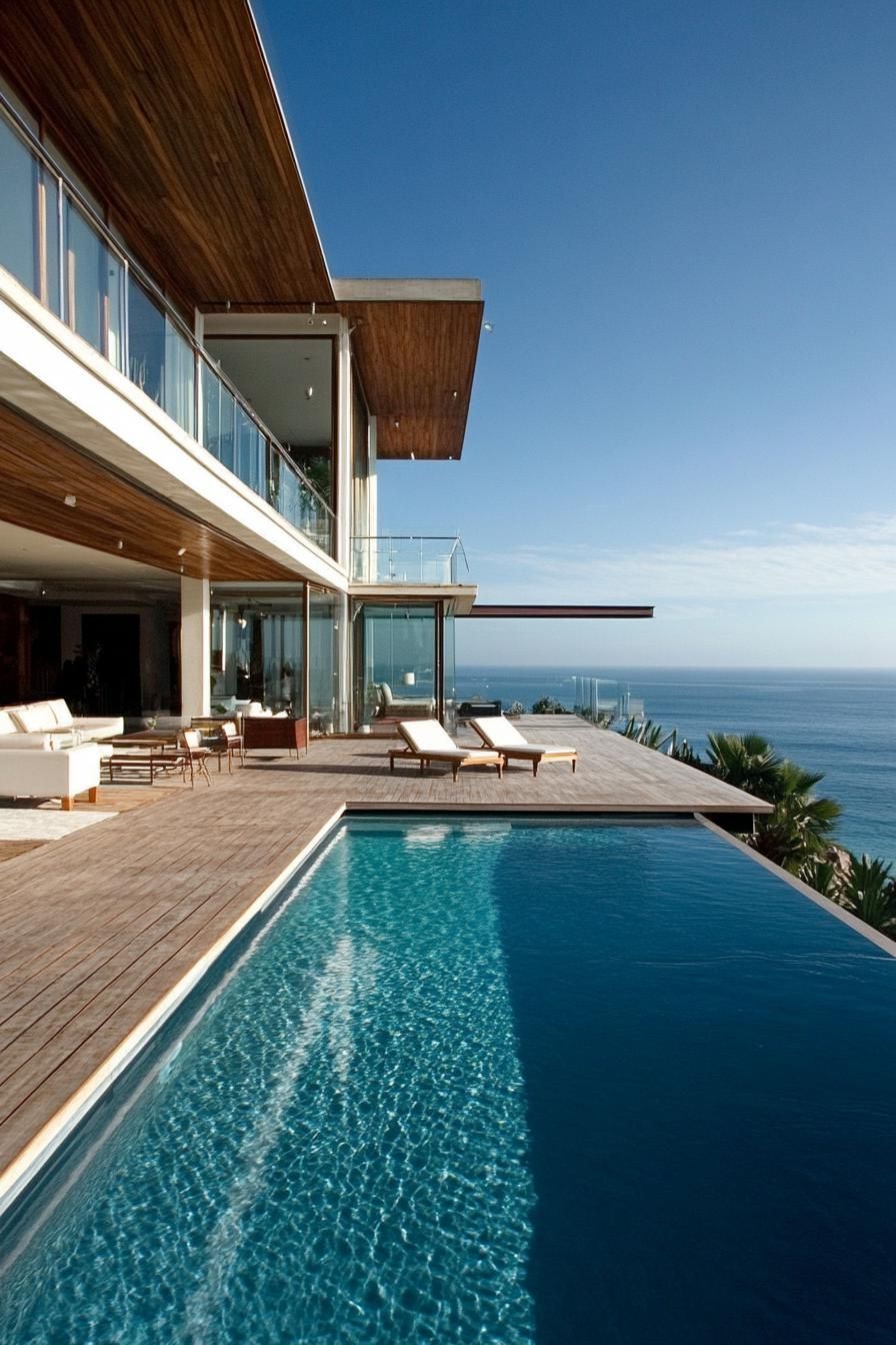 modern house backyard poolside raised wooden deck stunning ocean views