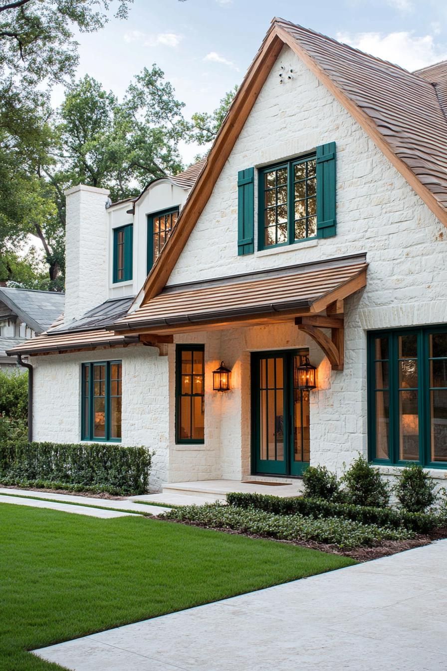 craftsman house with white painted stone siding cedar shingle roof teal windows with shutters walls lined with shrubs lawn and concrete pathway