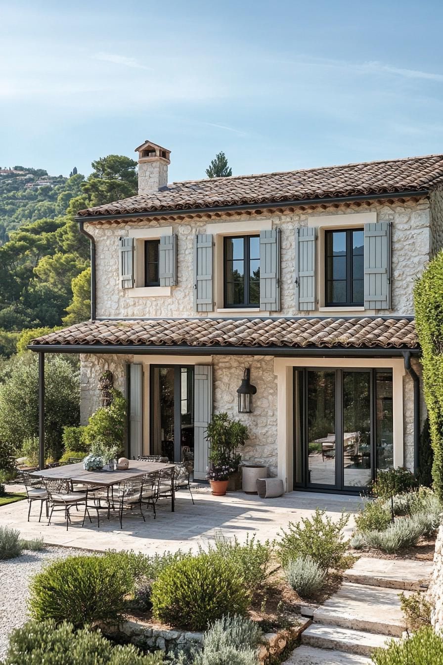 modern French country house with rustic shutters and metal roof French riviera views
