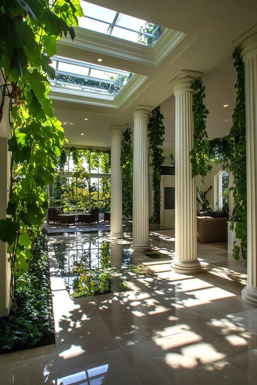 modern mansion house indoor atrium vineyard with columns and lush vines 3