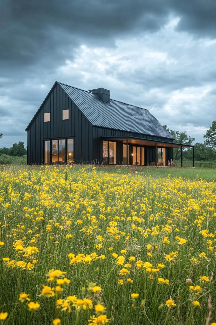 modern barndominium charcoal black facade in stunning farmhouse meadow with yellow flowers