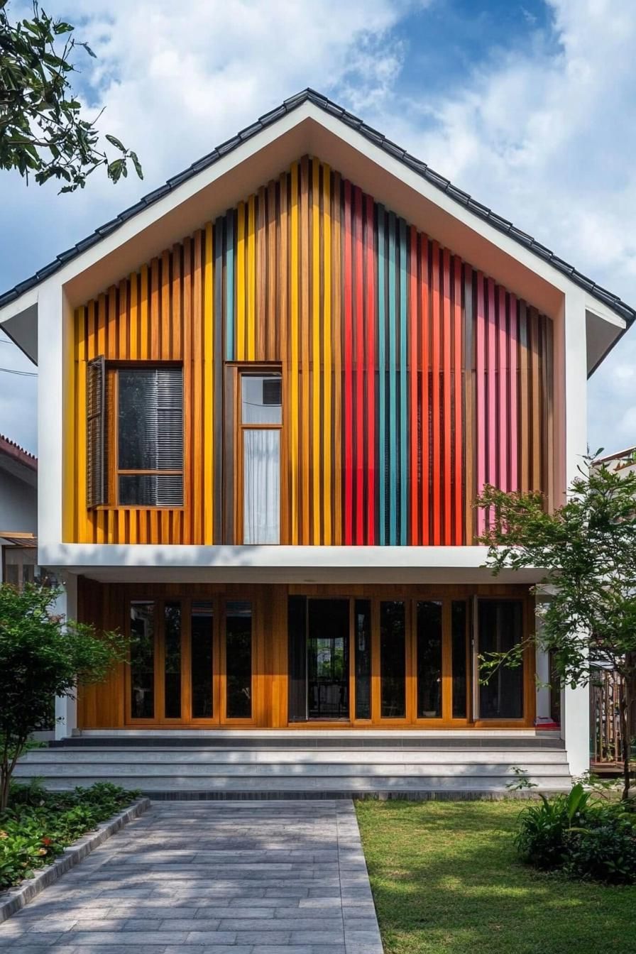 retro style modern house facade with colorful vertical wood slatting