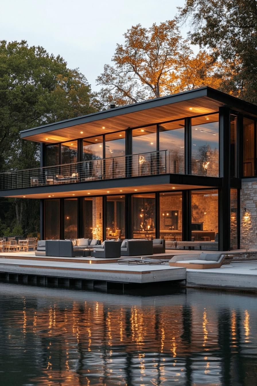 modern lake boathouse with multiple outdoor seating areas 2