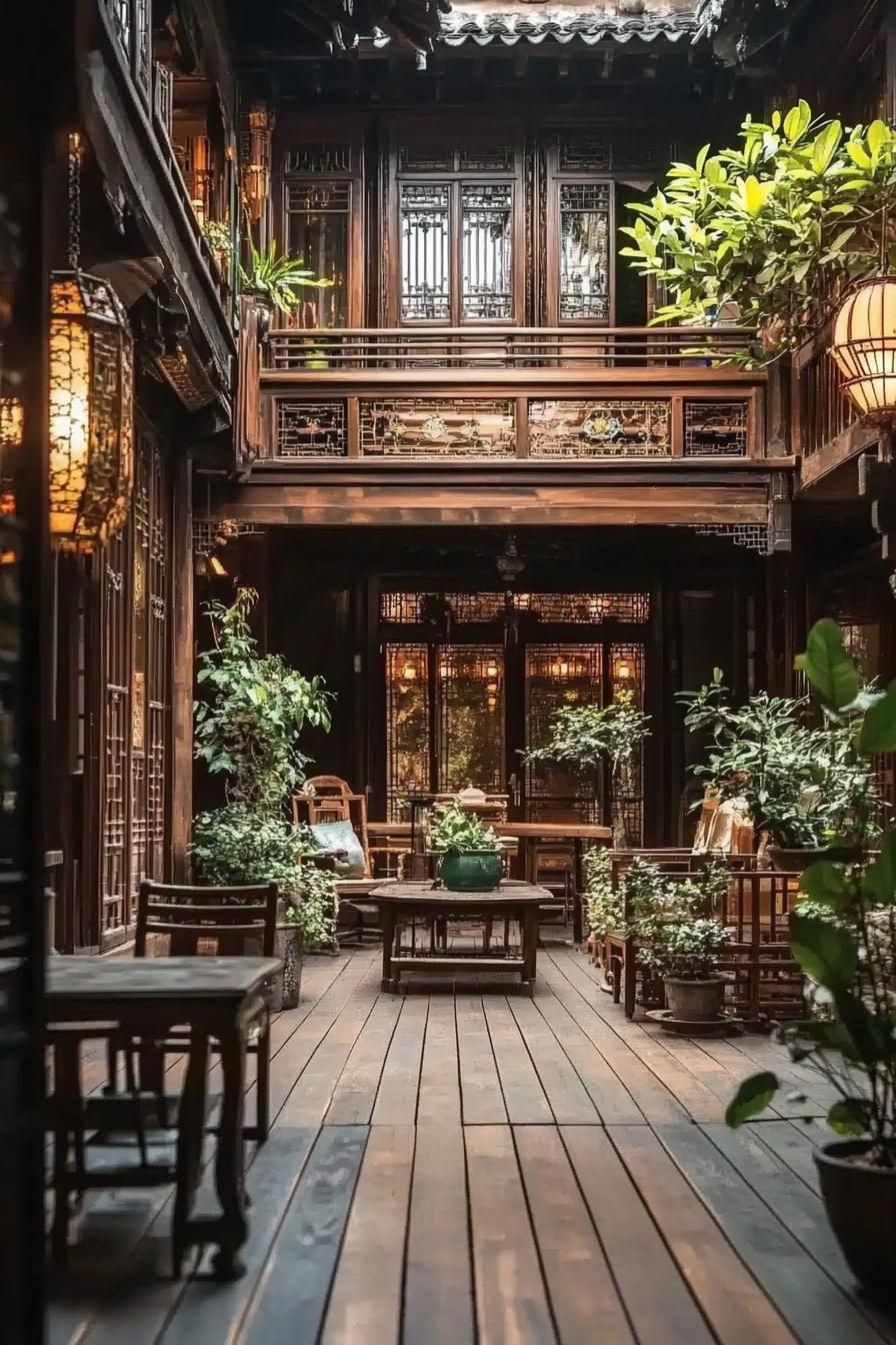 antique chinese house courtyard with hardwood deck antique furniture balcony detailing houseplants 2