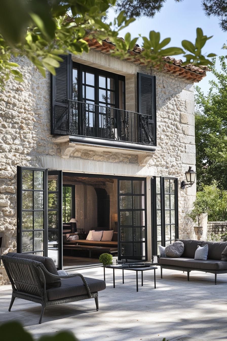 modern French country house terrace with French doors 2