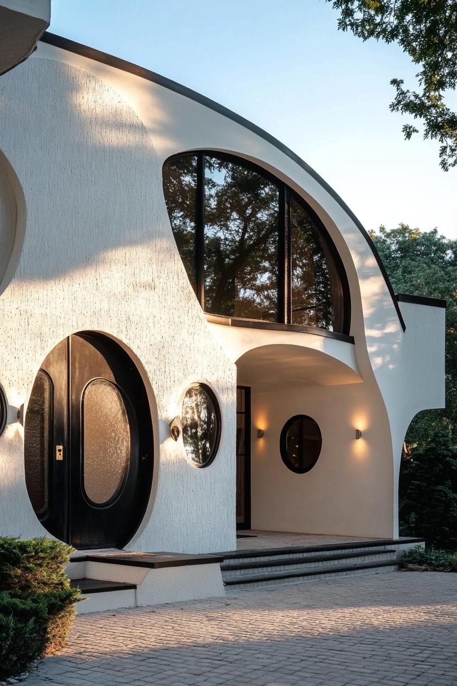 retro style modern house facade with rounded windows and doors 3