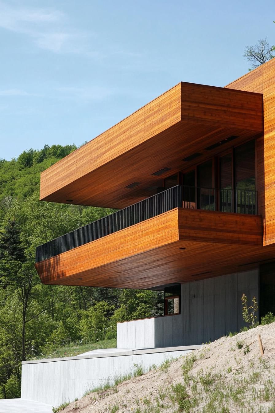 modern wood knotty pine wood house facade cantilevered hillside long narrow facade 3