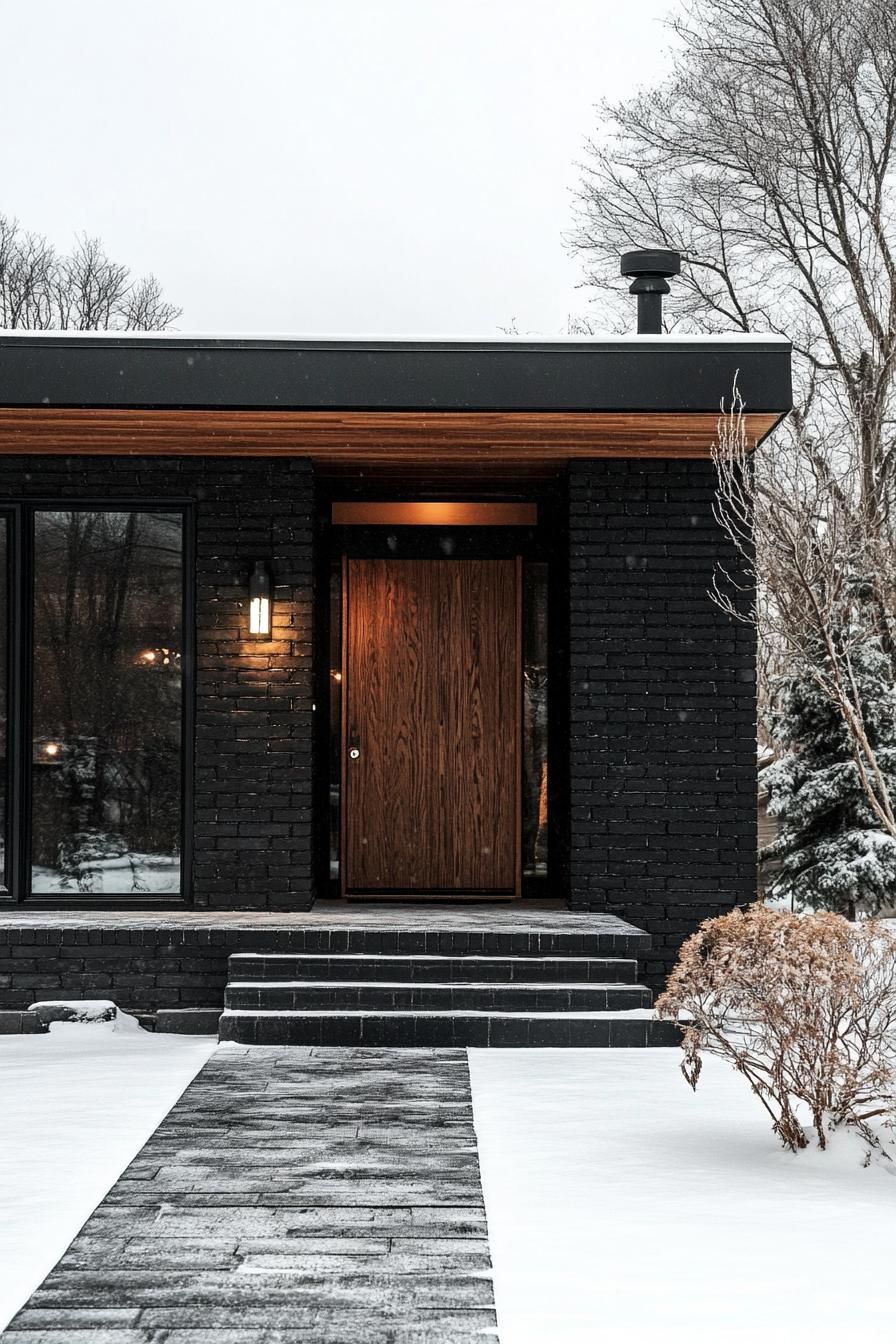 mid century modern black house facade with matte black brick walls in winter 2