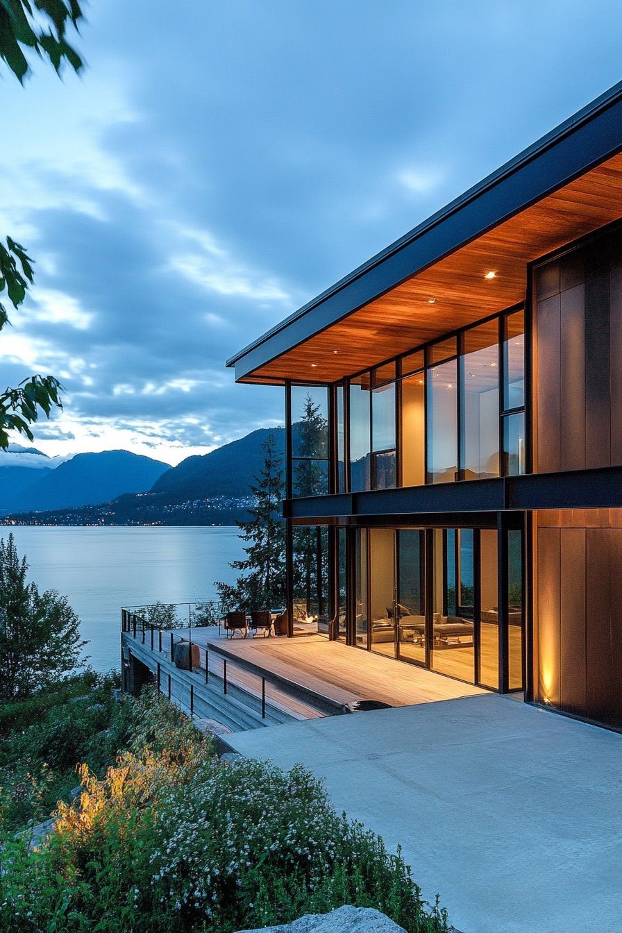 lakeside house steel and wood facade 4