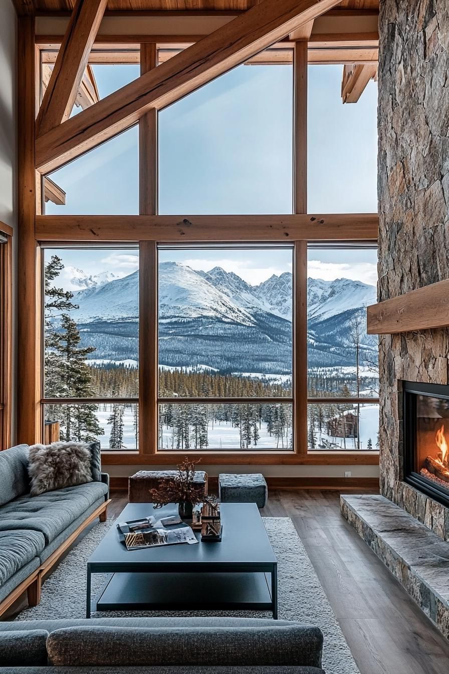 Modern Timber Frame Home With a Central Stone Fireplace and Open plan Design stunning winter mountain view through the windows