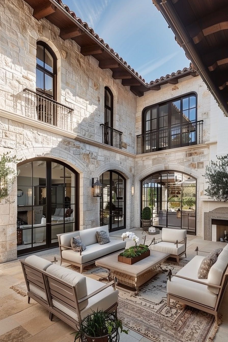mediterranean house courtyard with outdoor rug
