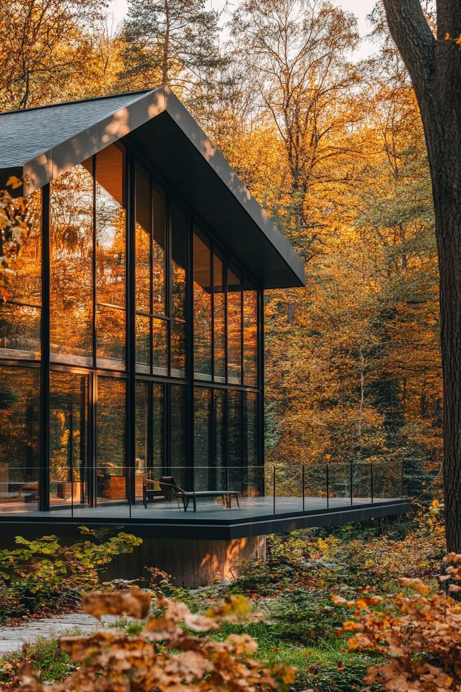 modern mountain eco lodge house with glass clad facade lush autumn foliage forest views 3