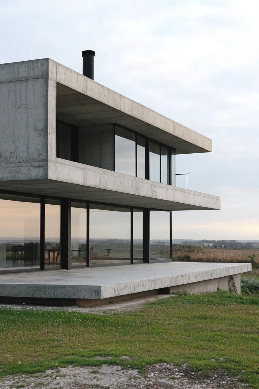 modern French house sleek concrete facade with large glass windows in French countryside 2