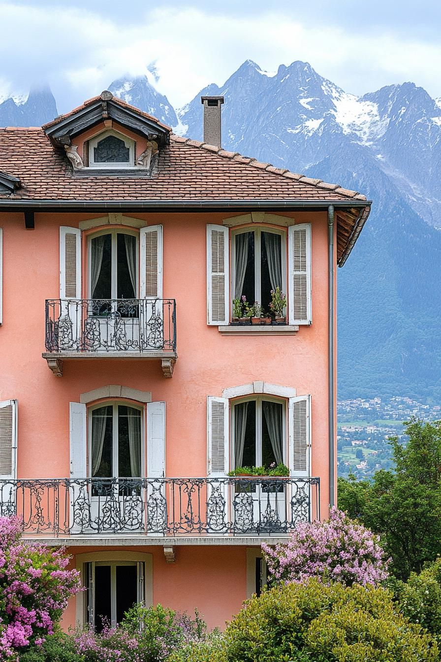 modern French mediterranean house facade with iron balconies the Alps in the background 3