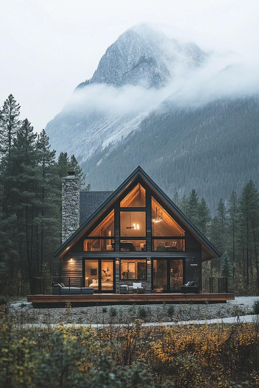 modern barn style house facade with floor to ceiling windows imposing mountain in the background misty weather 3