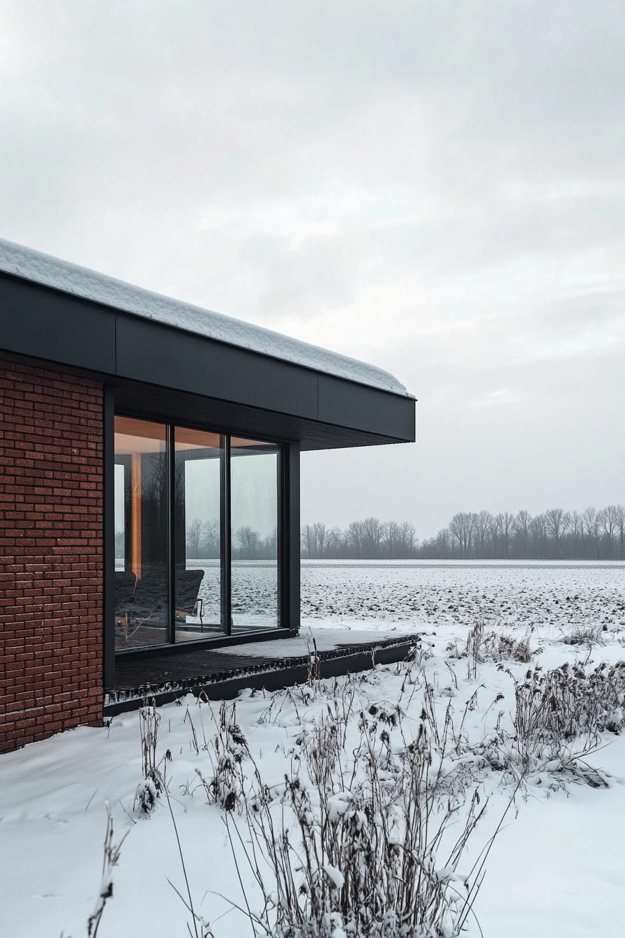 modern prefab small house elongated facade with brick veneer siding dark metal trim flat roof Scandinavian fields 3