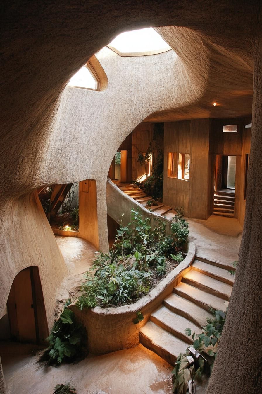 high angle view of an earth sheltered hillside house with inner courtyard and skylights