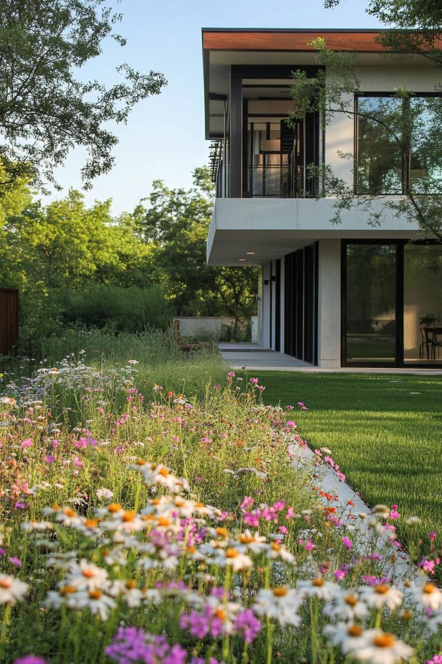 modern house yard with wildflower lawn 3