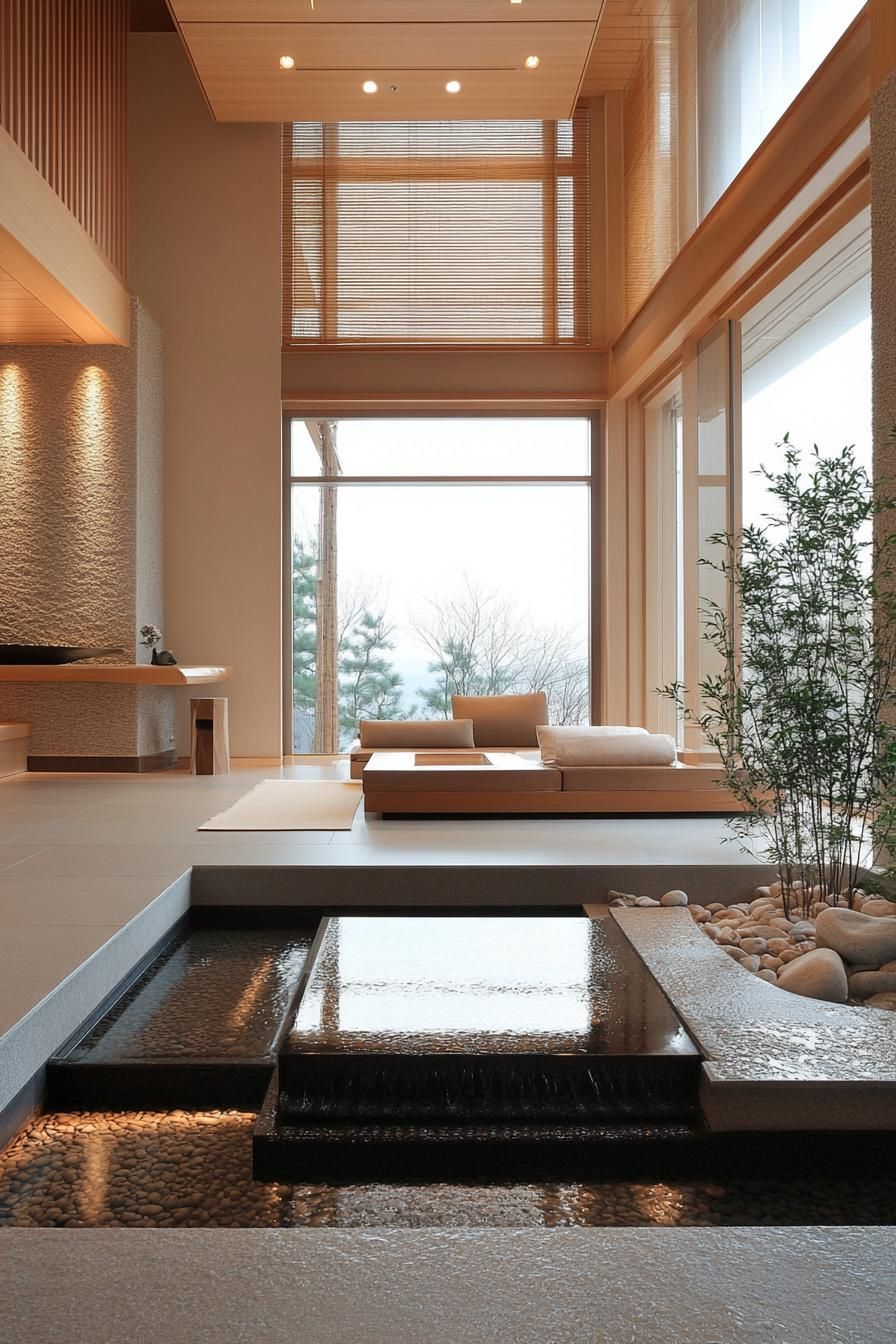 modern home zen style interior living room with water feature 2